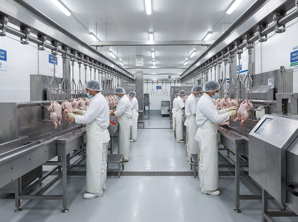 Étape 5 : Abattoir avicole moderne, hygiène rigoureuse et abattage 100% Halal certifié